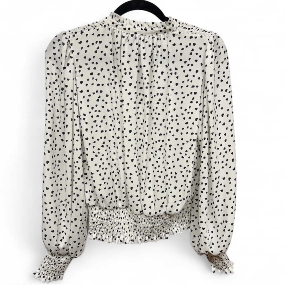 Rachel Zoe Heart Print Smocked Waist Tie Neck Blouse White Black XS - Picture 8 of 9
